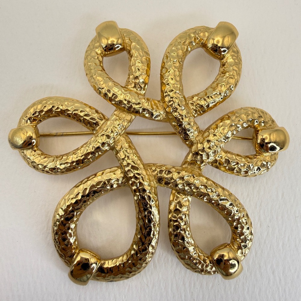 Monet Vintage Hammered Etruscan Brooch Runway Interlocking Loop 3" Statement